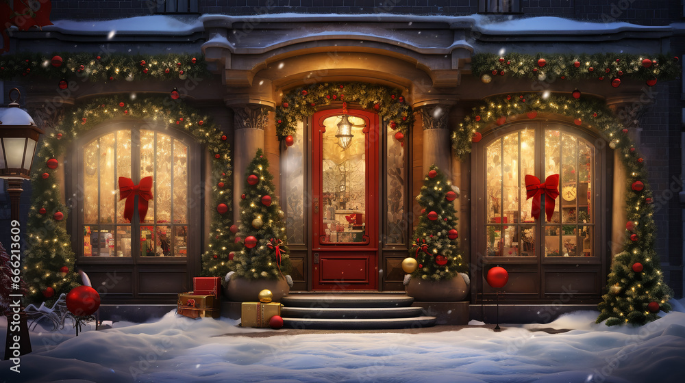 winter entrance doors, porch, store windows decorated with Christmas decorations, evening, festive, cozy atmosphere, in English style, photorealistic, detailed
