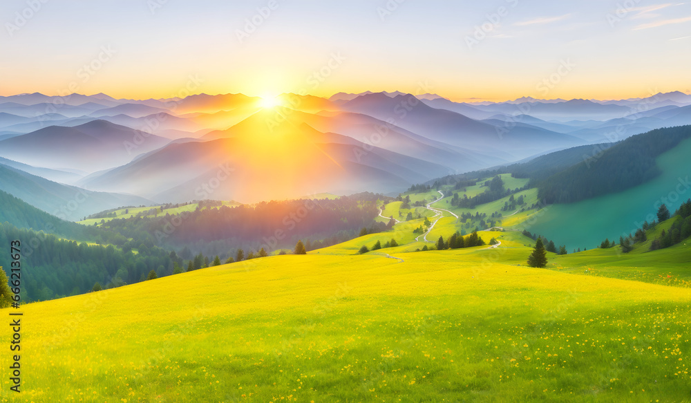 Beautiful summer landscape in the mountains at sunrise. Natural summer background