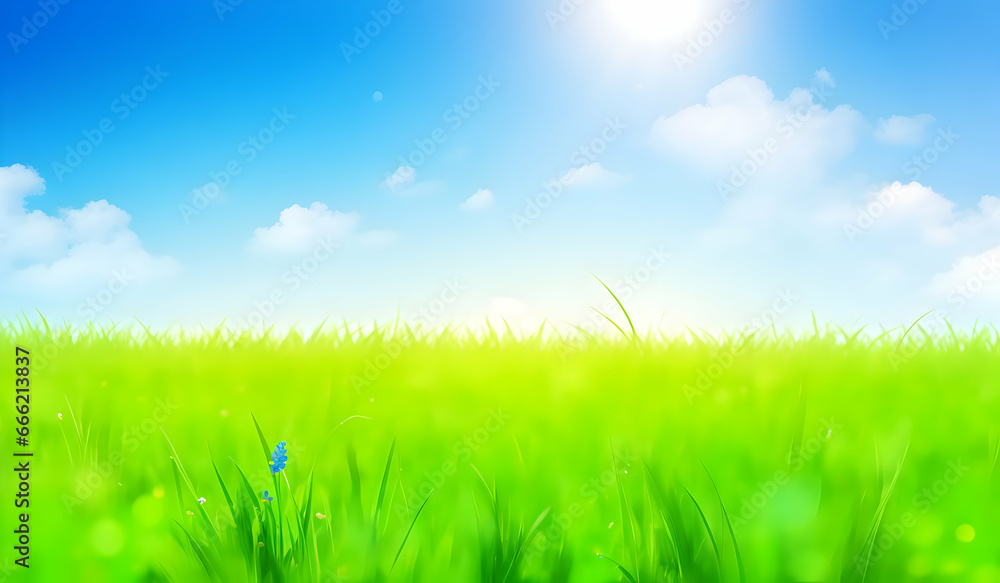 Green grass and blue sky with white clouds, spring nature background.
