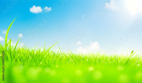 Green grass and blue sky with white clouds, spring nature background. © anamulhaqueanik