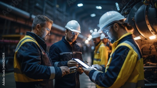 Group of Heavy Industry Engineers Use Digital Tablet inspects and planning in Pipe Manufacturing Factory, Large Pipe Assembly, Design and Construction of Oil, Gas and Fuels Transport Pipeline.