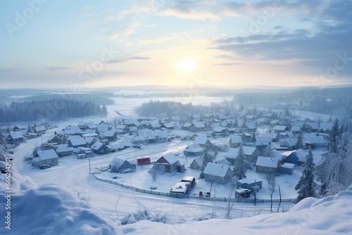 a beautiful scenic charming aerial view of a small snowy cold town landscape at winters