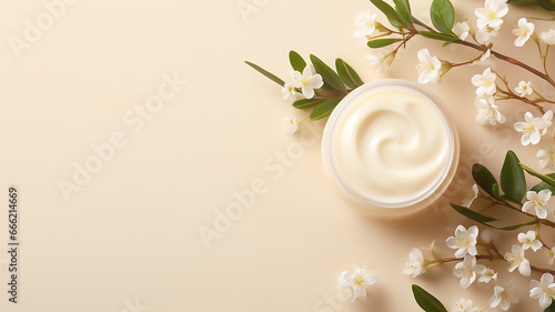 Flat lay composition with natural organic cosmetic products on beige background. Top view hand cream in jar  essential oil  skin lotion  Blurry background  template  Generative AI