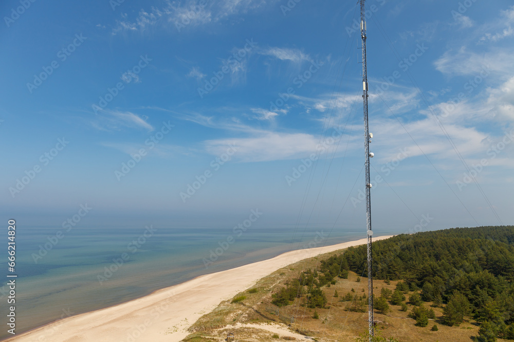 Aerial view of the Baltic Sea shore line, Lithuania. Beautiful sea coast on sunny summer day.