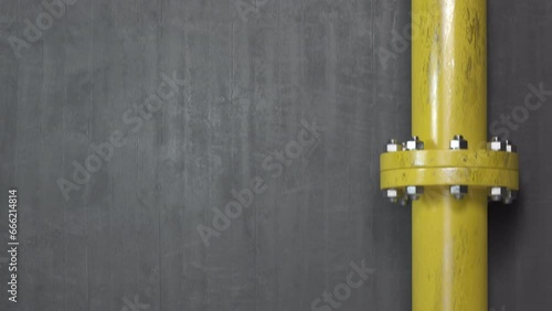 Oil and gas yellow pipeline valve on gray wall background.. Opening and closing fields, transportation, storage and processing in  gas and oil industry. Looped 3d  animation
