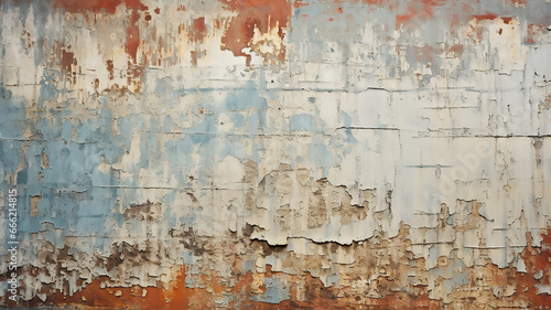 Old weathered peeling paint texture on rusty metal surface background, Generative AI