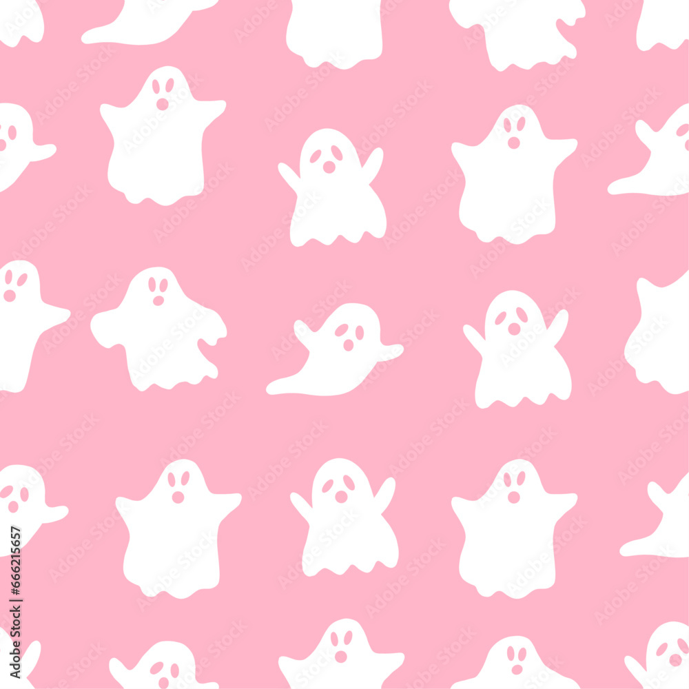 Seamless pattern with ghost. Cute halloween design. Spooky character or scary ghostly monsters. Hand drawn vector illustration on pink background