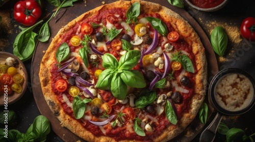 Delightful Italian flavors on a crispy crust - A savory blend of cheese, tomato, and vegetables make this delicious vegetarian pizza a perfect meal!, generative AI
