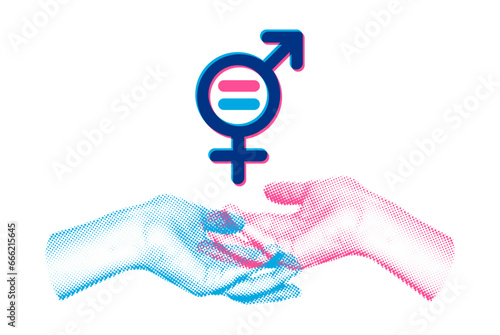 Equality gender symbol art collage with male and female halftone hands showing equal sign. Parity, rights, equity, unity concept. Banner, poster with modern retro risograph style elements