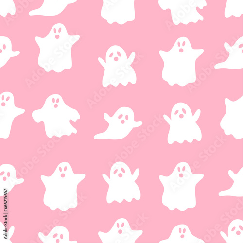 Seamless pattern with ghost. Cute halloween design. Spooky character or scary ghostly monsters. Hand drawn vector illustration on pink background