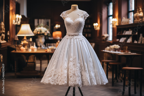 Beautiful Haute couture white wedding dress in a tailor room, atelier. Fashion shot