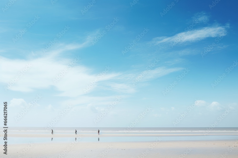 Vibrant day at the beach, with people's figures against the vastness of the ocean and a sky painted with clouds
