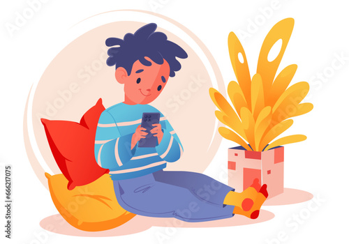 Concept of using gadgets by child, character of little boy with cell phone in his hands surfing internet, chatting and social media. Distance education, dependence on smart technology. 