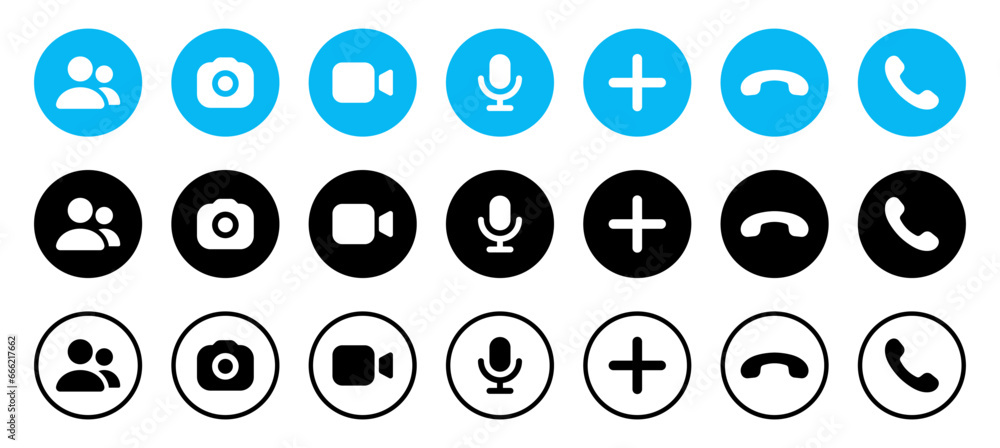 Camera video icon. Phone call icon answer, accept and decline call icons. Create new icon. Microphone icon. People group icon - Web icons set Camera video icon. Phone call icon answer, accept and decline call icons. Create new icon. Microphone icon. People group icon - Web icons set