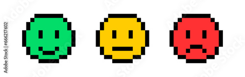 Pixel feedback emojis emoticons. Smiley icon set , happy, neutral, sad, emoji, icon - Customer satisfaction rating scale with good and bad emotions. pixel art style. Vector illustration