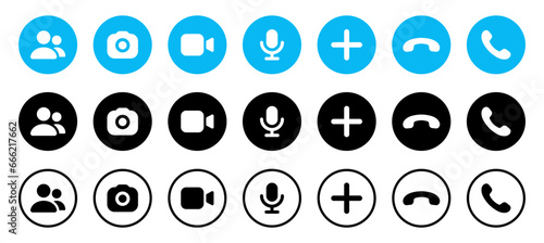Camera video icon. Phone call icon answer, accept and decline call icons. Create new icon. Microphone icon. People group icon - Web icons set