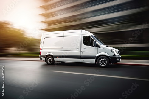 a white package delivery and logistics vehicle automobile van moving fast in urban city on a road