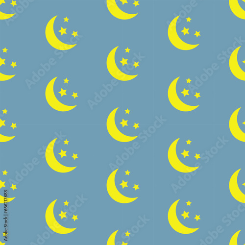 Moon and stars, seamless pattern, vector. Yellow moon and stars on a blue background.