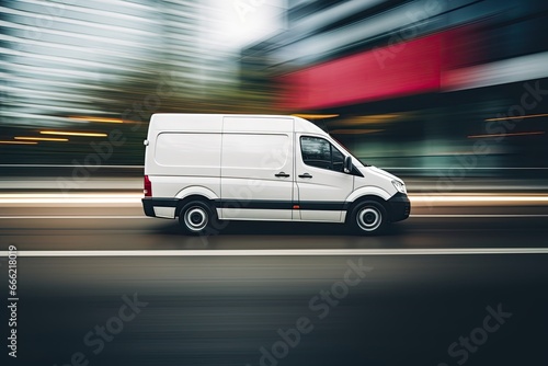 a white package delivery and logistics vehicle automobile van moving fast in urban city on a road