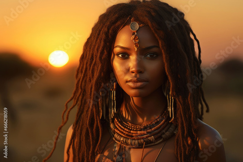 Portrait of a young African woman from an Indian tribe in the savannah at sunset photo