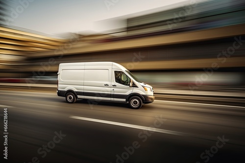 a white package delivery and logistics vehicle automobile van moving fast in urban city on a road © DailyLifeImages