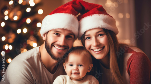 Couple and young child wearing santa hats smiles in front of christmas tree.