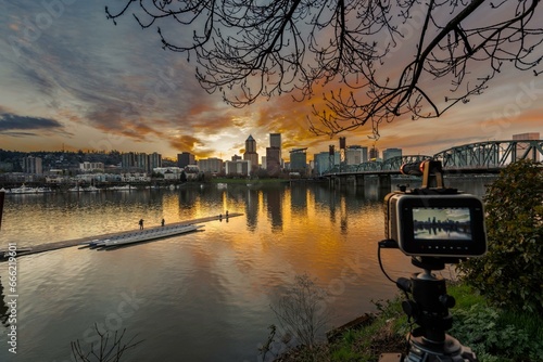 4K Image: Stunning Sunset in Portland, Oregon USA with Cinema Camera on Tripod, Scenic Beauty by the Willamette River