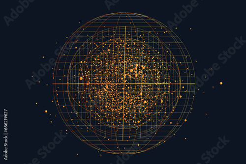 Abstract Pattern Network Technology with Dot, Point. Science Explosion Global Dot, Line in the Form Circle on Black Background. 3d Splash Futuristic Geometric Grid. Explosion Effect.