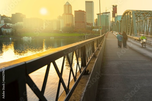 4K Image: Portland Cityscape at Sunset, Downtown Bridge View from the Willamette River