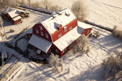 Scenic Snow-Covered Red Barn in Rural Landscape