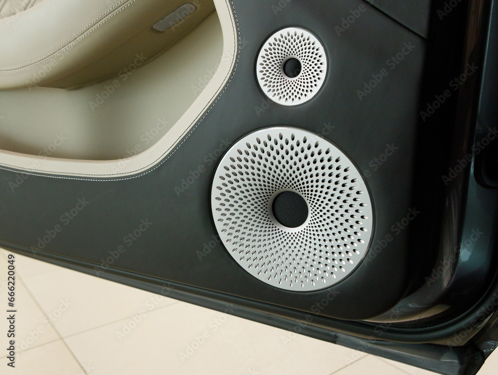 Foto de premium music with multiple speakers on the door of an expensive car do Stock Adobe Stock