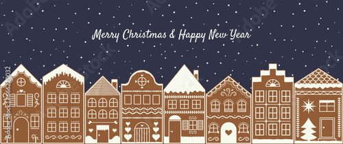 Merry Christmas Night Cityscape Gingerbread Village banner. Happy New Year City with snow. Winter holiday Landscape. Vector illustration