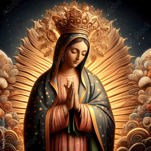 Flat design featuring the serene beauty of Diadela Virgen de Guadalupe