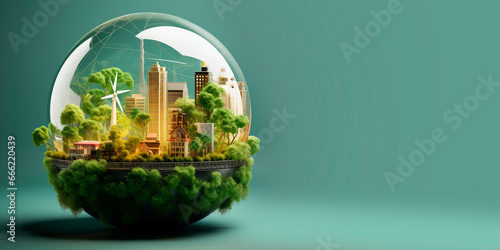 Sustainability banner, environment concept. Glass Globe with city inside, green energy  photo