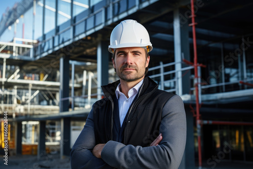 A male architect at a construction project, standing confidently and gazing directly at the camera, professional photography