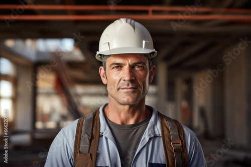 A male architect at a construction project, standing confidently and gazing directly at the camera, professional photography © ImageHeaven