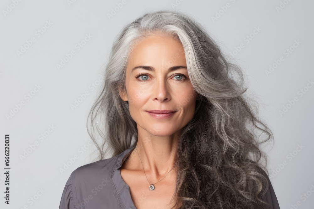 A cheerful and stylish mature Caucasian woman with beautiful grey hair, exuding confidence and happiness in a studio portrait. A cheerful and stylish mature Caucasian woman with beautiful grey hair, exuding confidence and happiness in a studio portrait.