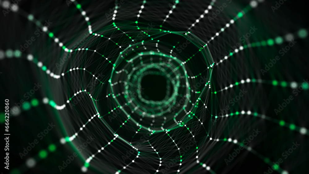 Abstract circle speed tunnel with green light on black background. Science background with dots and lines moving in a spiral. Wormhole technology. Digital structure with particles. 3d rendering. Abstract circle speed tunnel with green light on black background. Science background with dots and lines moving in a spiral. Wormhole technology. Digital structure with particles. 3d rendering.