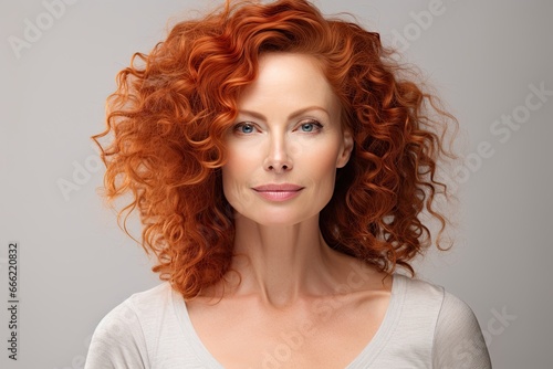 A charming and lovely Caucasian woman with long, curly red hair, showcasing her natural beauty and healthy skin in a studio portrait.