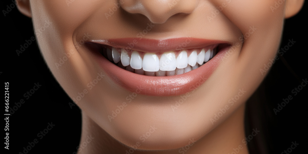 Obraz premium Create an attention-grabbing banner with a close-up of a gorgeous woman showcasing her white perfect teeth against a dark black background. Dental health and beauty concept.