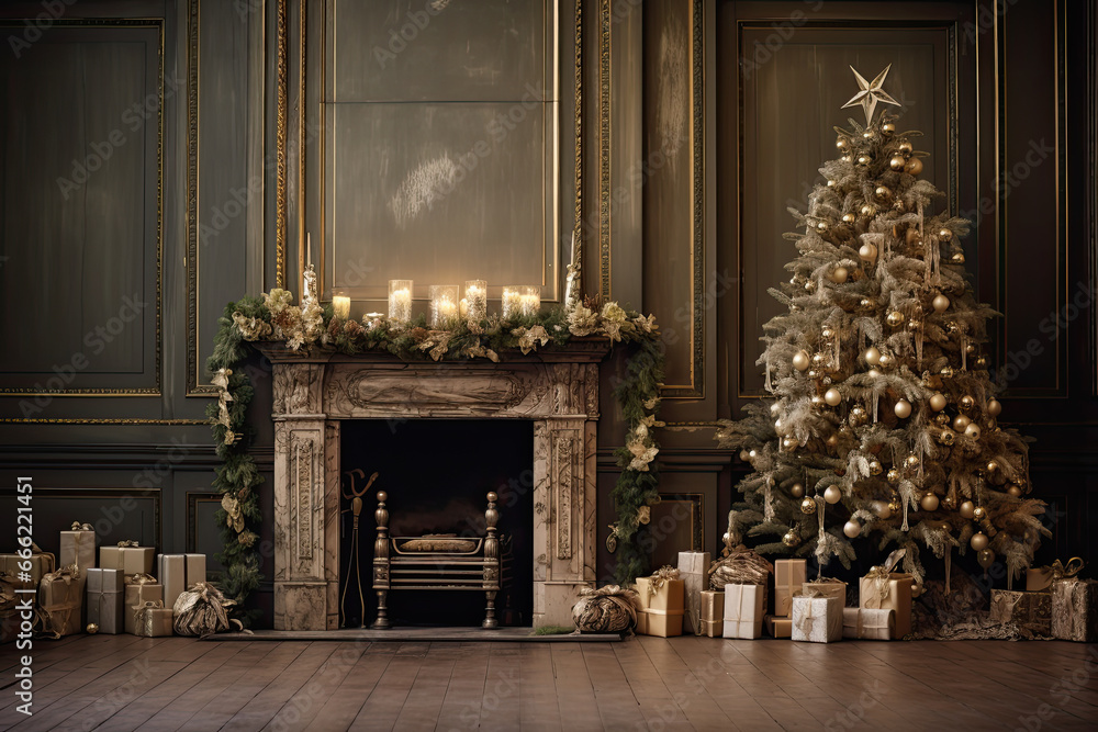 salón clásico con árbol de navidad y chimenea decorado con paquetes regalo y velas