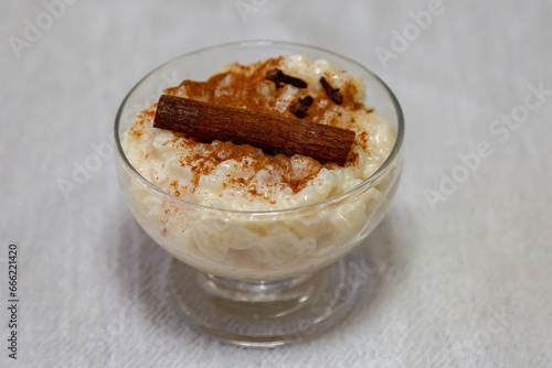 Traditional rice pudding. Sweet dish made by cooking rice in milk and sugar, some recipes include cinnamon, vanilla or other ingredients, it is a very easy dessert to make .