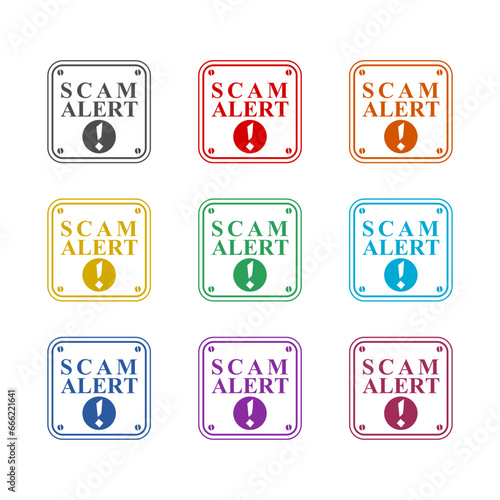 Scam alert sign icon isolated on white background. Set icons colorful