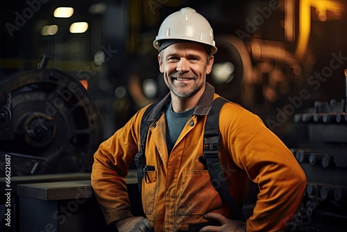 A young and happy industrial engineer in a hardhat, overseeing production and safety in a factory setting. © Andrii Zastrozhnov