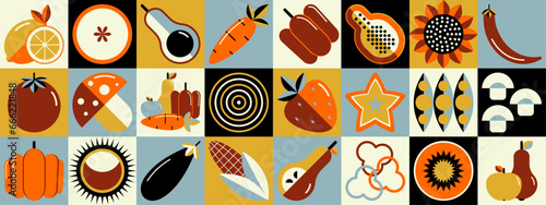 Vegetable and fruits mosaic pattern. Scandinavian geometric style. Eco agriculture concept. Abstraction. Minimal illustration