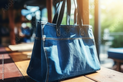 Handbag, shopping bag made from old jeans on a dressmaker table. DIY, denim upcycling, using old jeans, upcycle denim stuff. Sustainable lifestyle, hobby, crafting, recycling, zero waste concept