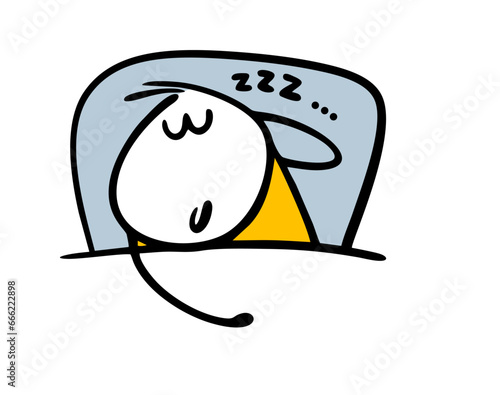 Stickman is lying in bed on a pillow under a blanket and sleeping sweetly. Vector illustration cartoon man sees a good dream and smiles.