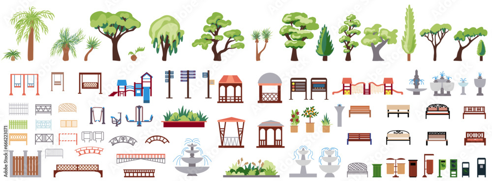 Collection of icons of urban and park infrastructure with romantic gazebos, trees, bushes, palm trees, benches, swings, signs. Big set Urban environment of a European city and public park. - obrazy, fototapety, plakaty 