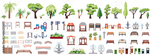Collection of icons of urban and park infrastructure with romantic gazebos, trees, bushes, palm trees, benches, swings, signs. Big set Urban environment of a European city and public park.