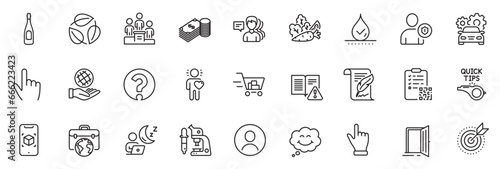 Icons pack as Smile, Microscope and Instruction manual line icons for app include Business podium, Feather, Augmented reality outline thin icon web set. Businessman case, Headshot. Vector